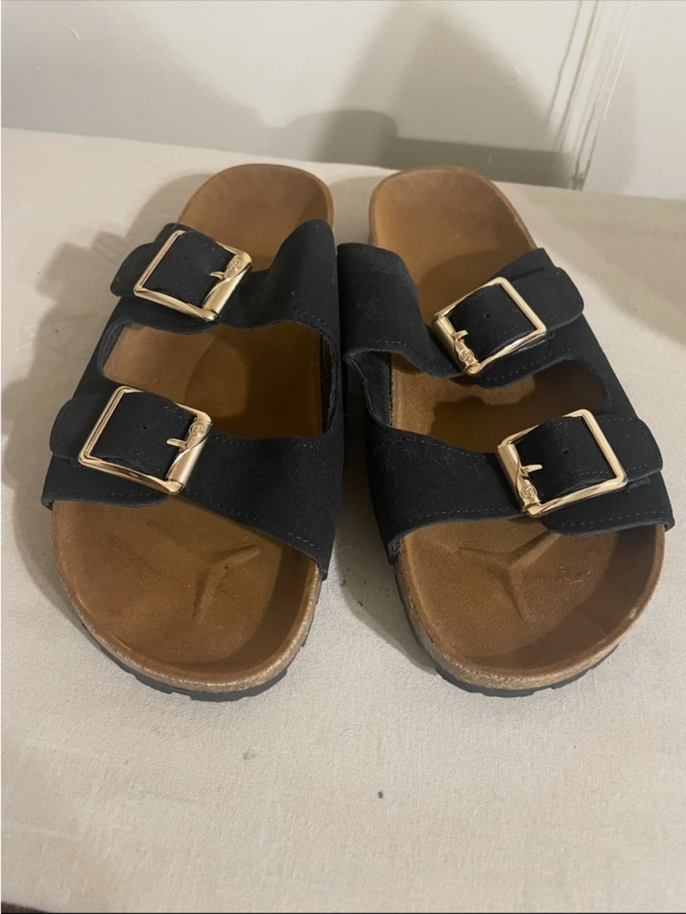 Black Double Strap Slide Sandals with Gold Buckles
